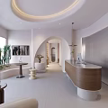 Modern Beauty Salon Interior With Wooden Reception Desk Circular Ceiling And Plants