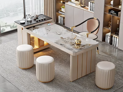 Modern Tea Table With Marble Top And Chair Plus Stools In Room With Bookshelves 3d model