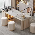 Modern Tea Table With Marble Top And Chair Plus Stools In Room With Bookshelves
