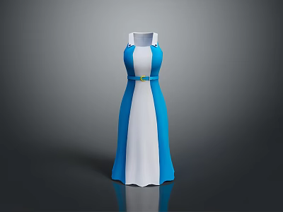 Elegant Blue and White Sleeveless Dress with High Neck and Yellow Belt 3d model