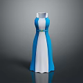 Elegant Blue and White Sleeveless Dress with High Neck and Yellow Belt