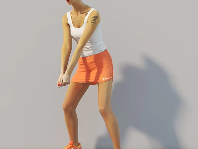 Woman In White Tank Top And Orange Skirt Dancing On Gray Background 3d model