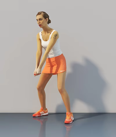 Woman In White Tank Top And Orange Skirt Dancing On Gray Background 3d model