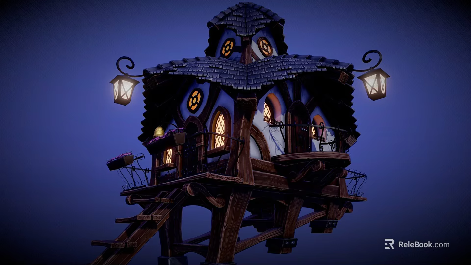 Enchanting Cartoon Wooden Tower Scene With Steep Roof Hanging Lanterns Illuminated Windows And Night Sky 3d model 