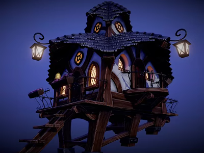 Enchanting Cartoon Wooden Tower Scene With Steep Roof Hanging Lanterns Illuminated Windows And Night Sky 3d model
