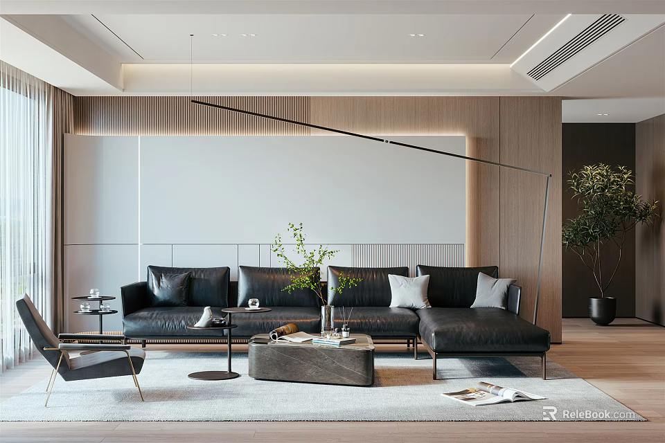 Modern Living Room Interior Design With Black Sofa Gray Coffee Table And Green Plant 3d model 