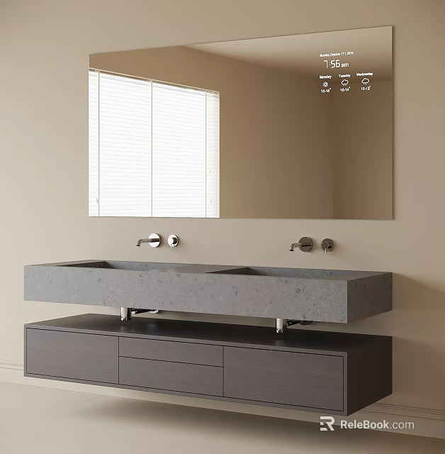 Modern Bathroom Vanity With Double Sinks Storage Drawers Large Mirror And Window Blinds 3d model 