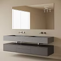 Modern Bathroom Vanity With Double Sinks Storage Drawers Large Mirror And Window Blinds
