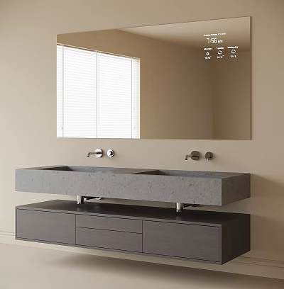 Modern Bathroom Vanity With Double Sinks Storage Drawers Large Mirror And Window Blinds 3d model
