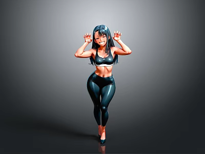 3D Rendered Female Character In Black Sportswear With Raised Hands And Gray Background 3d model