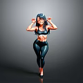 3D Rendered Female Character In Black Sportswear With Raised Hands And Gray Background