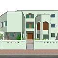 Two Story Detached Villa With Light Green Exterior Balcony Fence And Green Plants