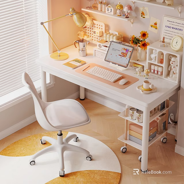 Bright Modern Home Office Desk Interior With Laptop Sunflowers And Desk Lamp 3d model 
