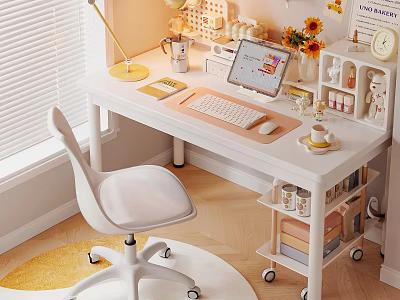 Bright Modern Home Office Desk Interior With Laptop Sunflowers And Desk Lamp 3d model