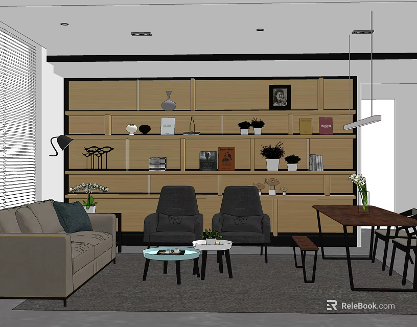 Modern Dining Table Set With Chairs In Living Room With Shelves And Decorations 3d model 