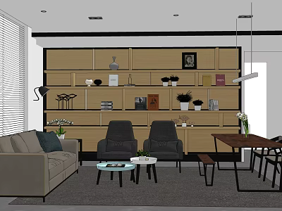 Modern Dining Table Set With Chairs In Living Room With Shelves And Decorations 3d model
