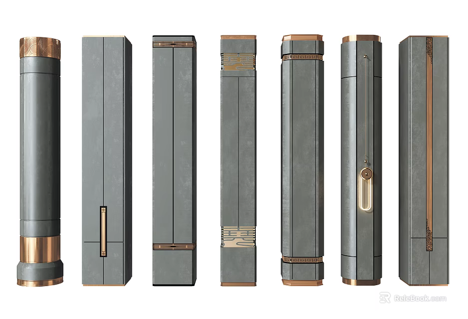Various Modern Column Designs Featuring Gray Bodies And Copper Decorative Bands 3d model 