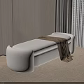 Minimalist Beige Upholstered Shoe Bench With Backrest In Room Corner Next to Curtains