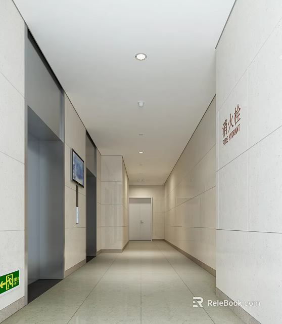Modern Elevator Hallway With Light Colored Walls Recessed Ceiling Lights And Elevator Doors 3d model