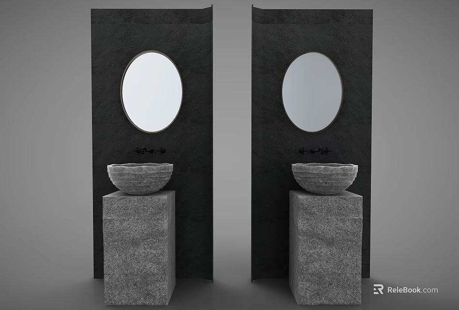 Two Stone Pedestal Washbasins With Bowl Basins And Round Mirrors On Dark Walls 3d model 