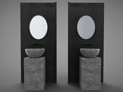 Two Stone Pedestal Washbasins With Bowl Basins And Round Mirrors On Dark Walls 3d model