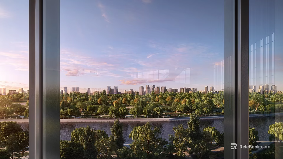 Park Landscape View With River Green Trees And City Skyline Under Blue Sky 3d model 