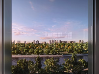 Park Landscape View With River Green Trees And City Skyline Under Blue Sky 3d model