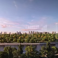 Park Landscape View With River Green Trees And City Skyline Under Blue Sky