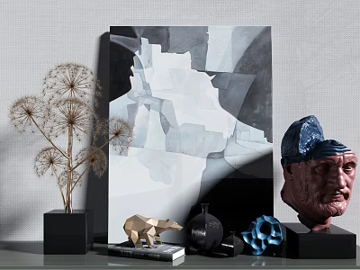 Modern Artistic Ornament Set With Abstract Painting Sculptures And Dried Flowers 3d model