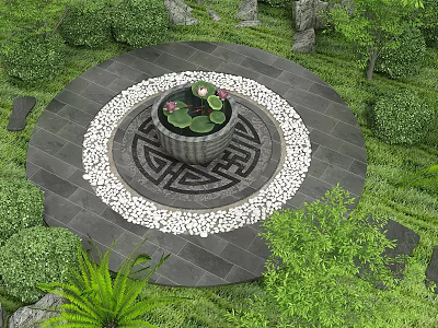 Garden Ornament Featuring Circular Stone Platform Central Lotus Flower Pot White Pebbles Green Plants 3d model