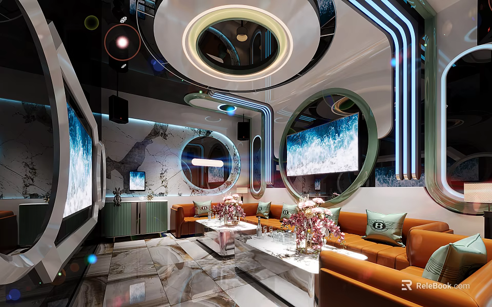 Modern KTV Room Interior Design With Large Screens Orange Sofas And Circular Decor 3d model 