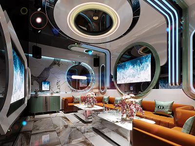 Modern KTV Room Interior Design With Large Screens Orange Sofas And Circular Decor 3d model