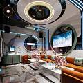 Modern KTV Room Interior Design With Large Screens Orange Sofas And Circular Decor