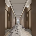 Modern Hotel Corridor With Wooden Walls Marble Pattern Carpet And Linear Lighting
