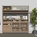Rustic Wooden Sideboard With Open Shelves Closed Cabinets And Decorative Items In Kitchen