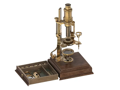 Vintage Medical Microscope With Brass Body Wooden Base And Open Accessory Case Components 3d model