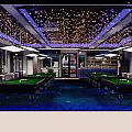 Modern Billiard Room Interior With Decorative Ceiling Lights And Pool Tables 3d model