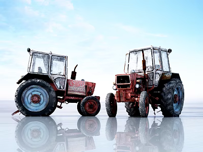Vintage Red Tractors With Large Wheels On Reflective Surface And Blue Sky Background 3d model