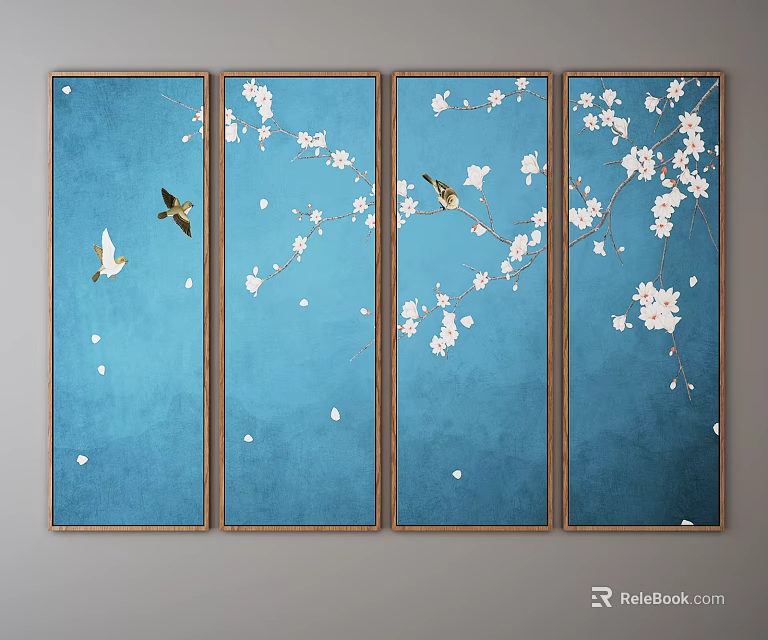 Blue Background Plant Paintings With White Flowers Birds And Falling Petals In Wooden Frames 3d model 