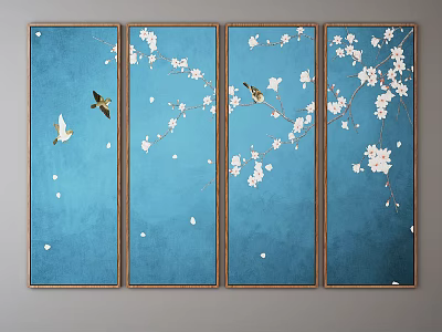 Blue Background Plant Paintings With White Flowers Birds And Falling Petals In Wooden Frames 3d model
