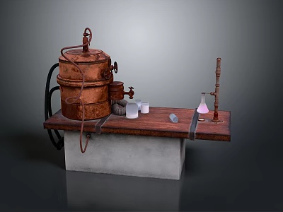 Vintage Copper Distillation Equipment On Wooden Table With Glass Apparatus And Small Containers 3d model