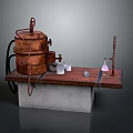 Vintage Copper Distillation Equipment On Wooden Table With Glass Apparatus And Small Containers