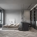 Modern Bedroom Interior With Large Bed Floor To Ceiling Window And Gray Tones Bookshelves