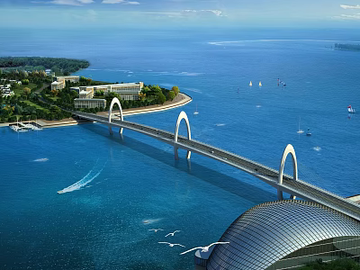 Scenic Modern Arched Bridge Over Blue Ocean With Sailboats Seagulls Distant Island And Coastal Buildings 3d model