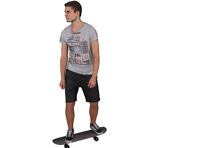 Man Standing On Skateboard Wearing Grey T Shirt And Black Shorts 3d model