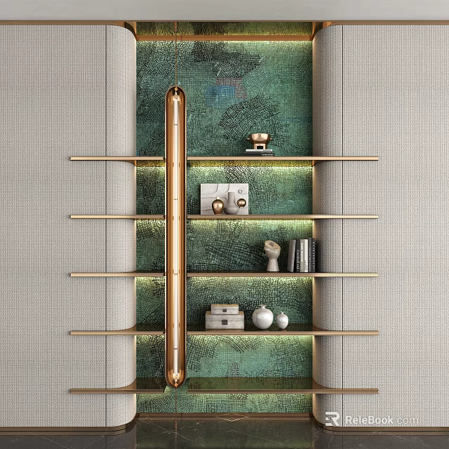 Elegant Golden Display Shelf With Green Backdrop And Decorative Items On Multiple Layers 3d model 