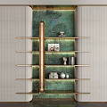 Elegant Golden Display Shelf With Green Backdrop And Decorative Items On Multiple Layers 3d model