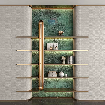 Elegant Golden Display Shelf With Green Backdrop And Decorative Items On Multiple Layers 3d model