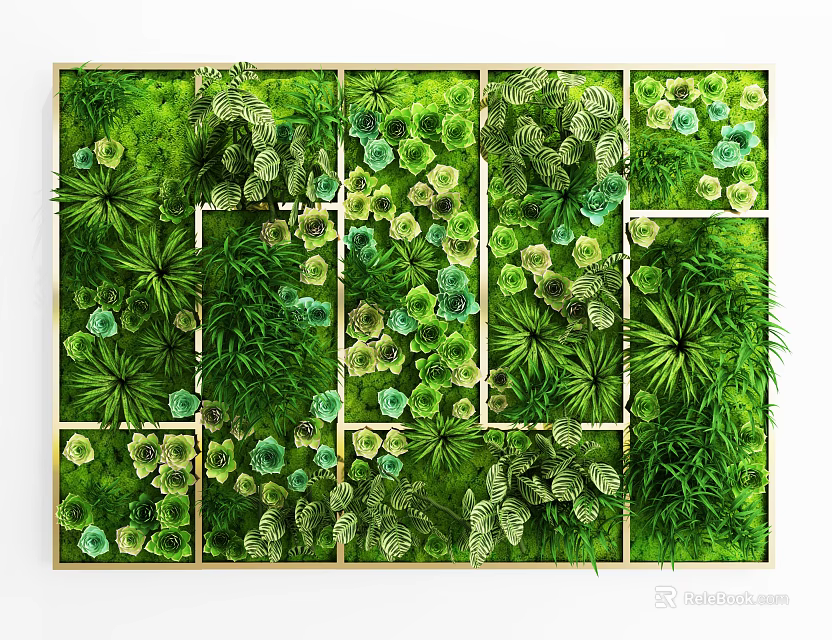 Modern Green Living Wall Design With Square Panels And Diverse Plants 3d model 