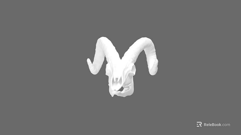 Detailed White Ram Skull Featuring Large Curved Horns On Plain Gray Background 3d model 